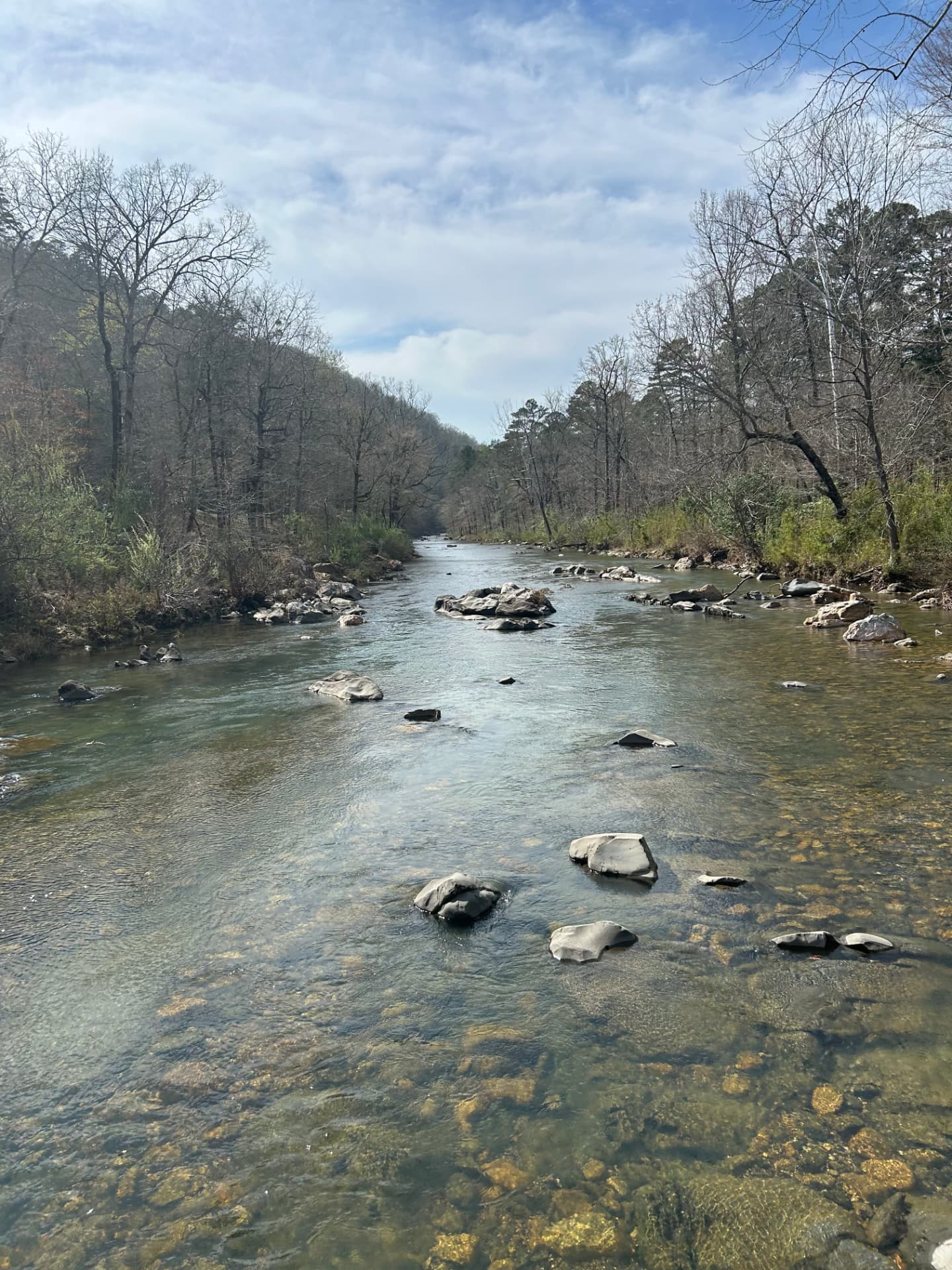 The clear river running past camp on a spring morning